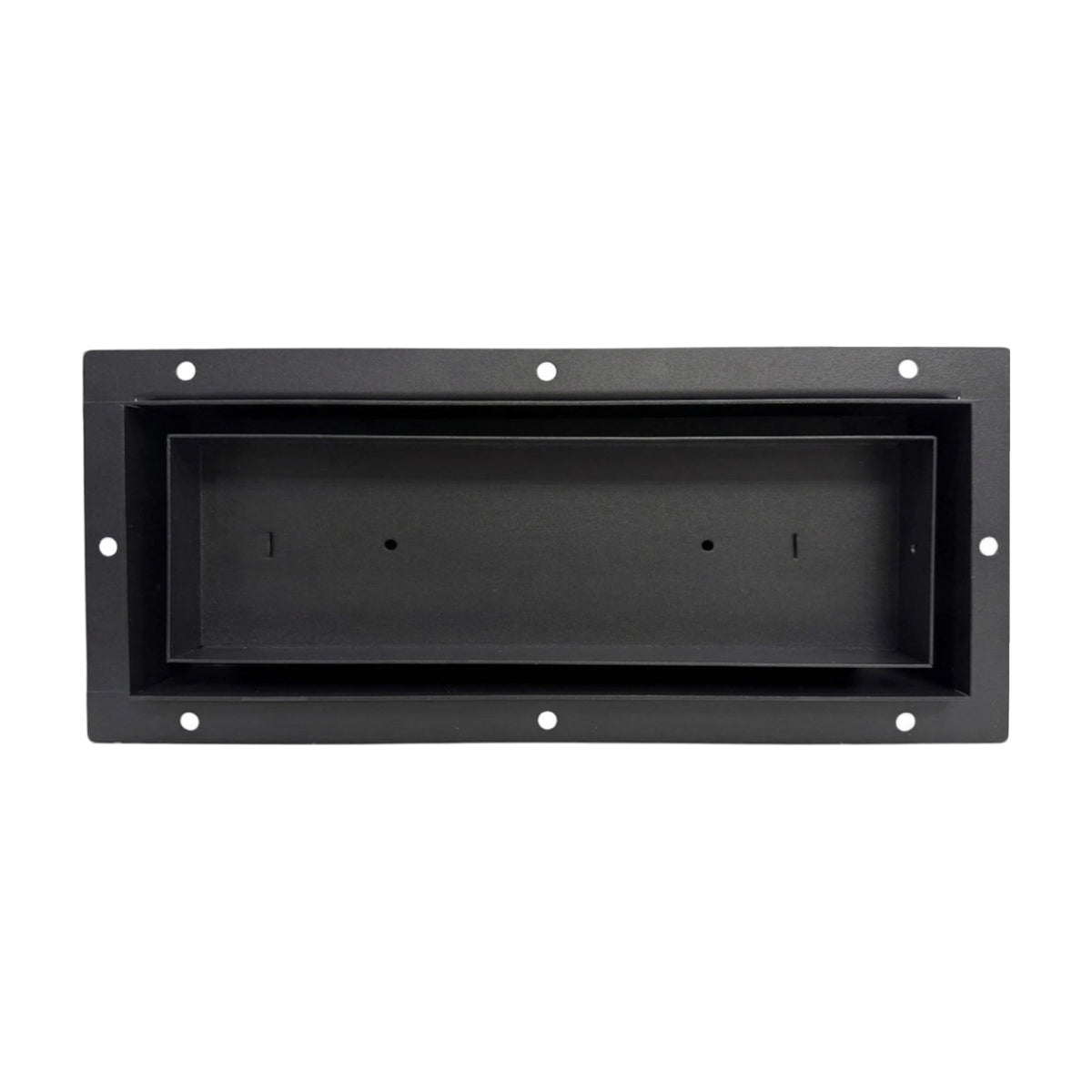 Black metal undermount flush floor vent installed level with a hardwood floor