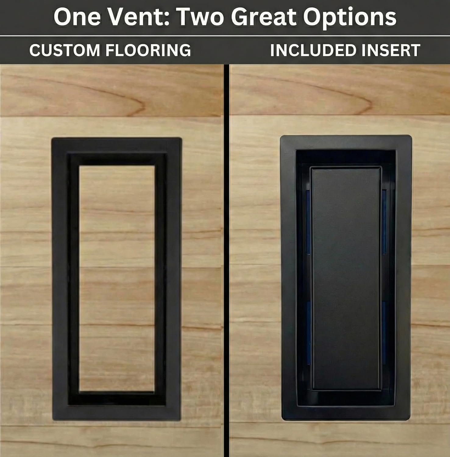 new drop in floor vent with insert side by side comparision with included insert or with flooring inlay - khan supply co - no flooring - no problem