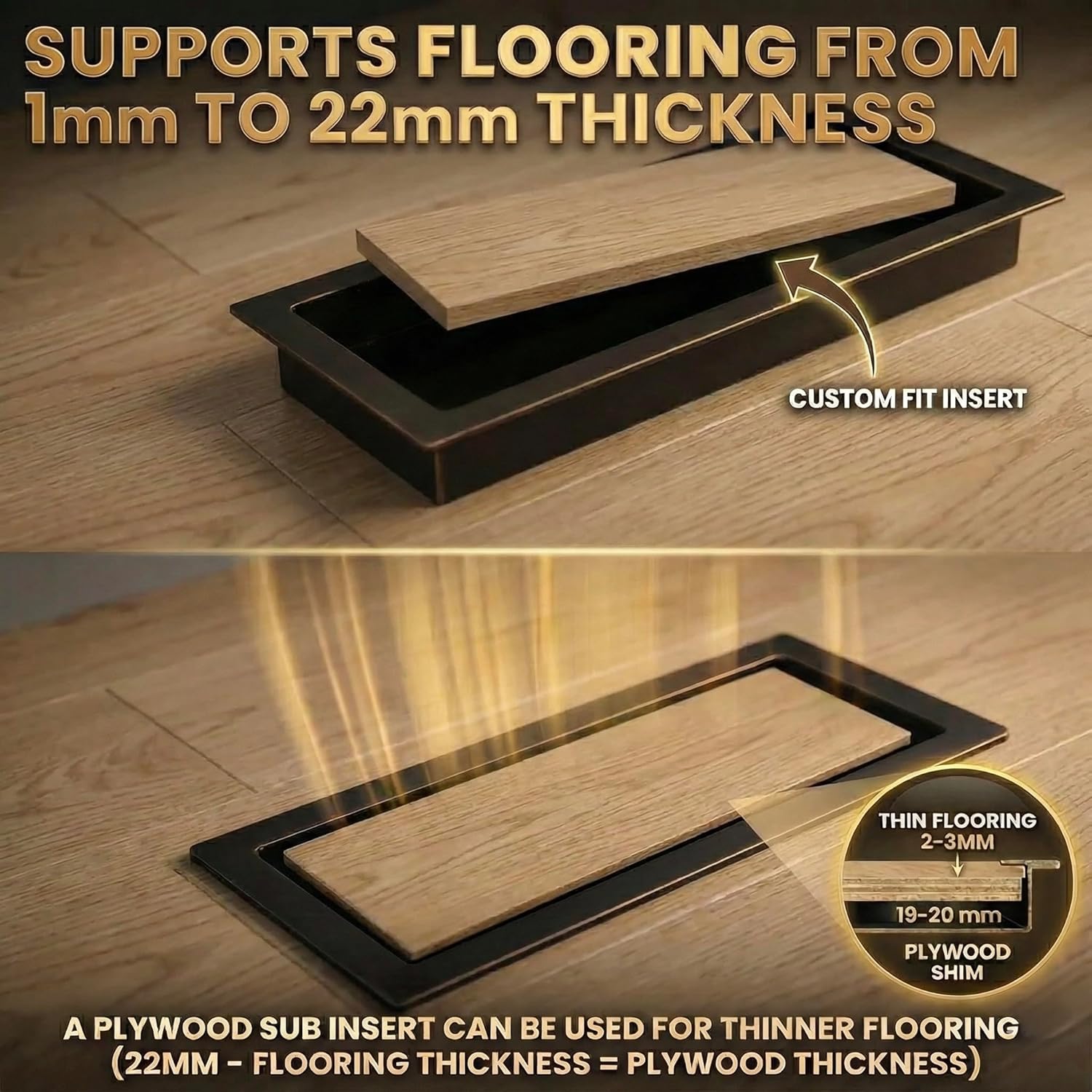 Flooring support system with customizable insert for different thicknesses on a wooden floor - khan supply co