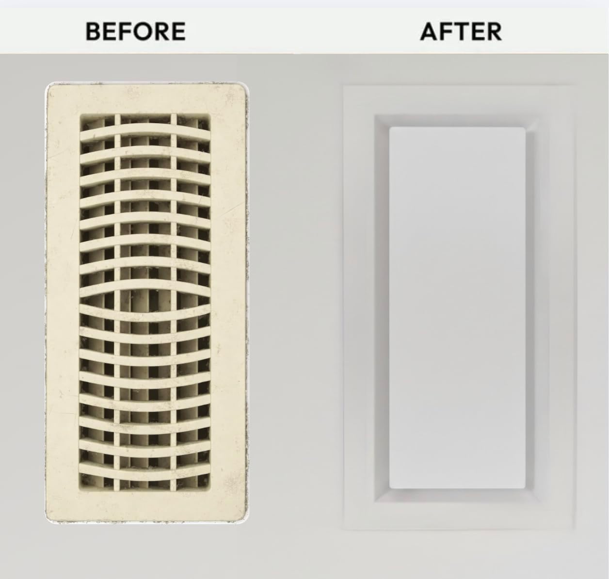 Framed wall vent before and after: dated grille replaced with a framed metal register — Khan Supply CO