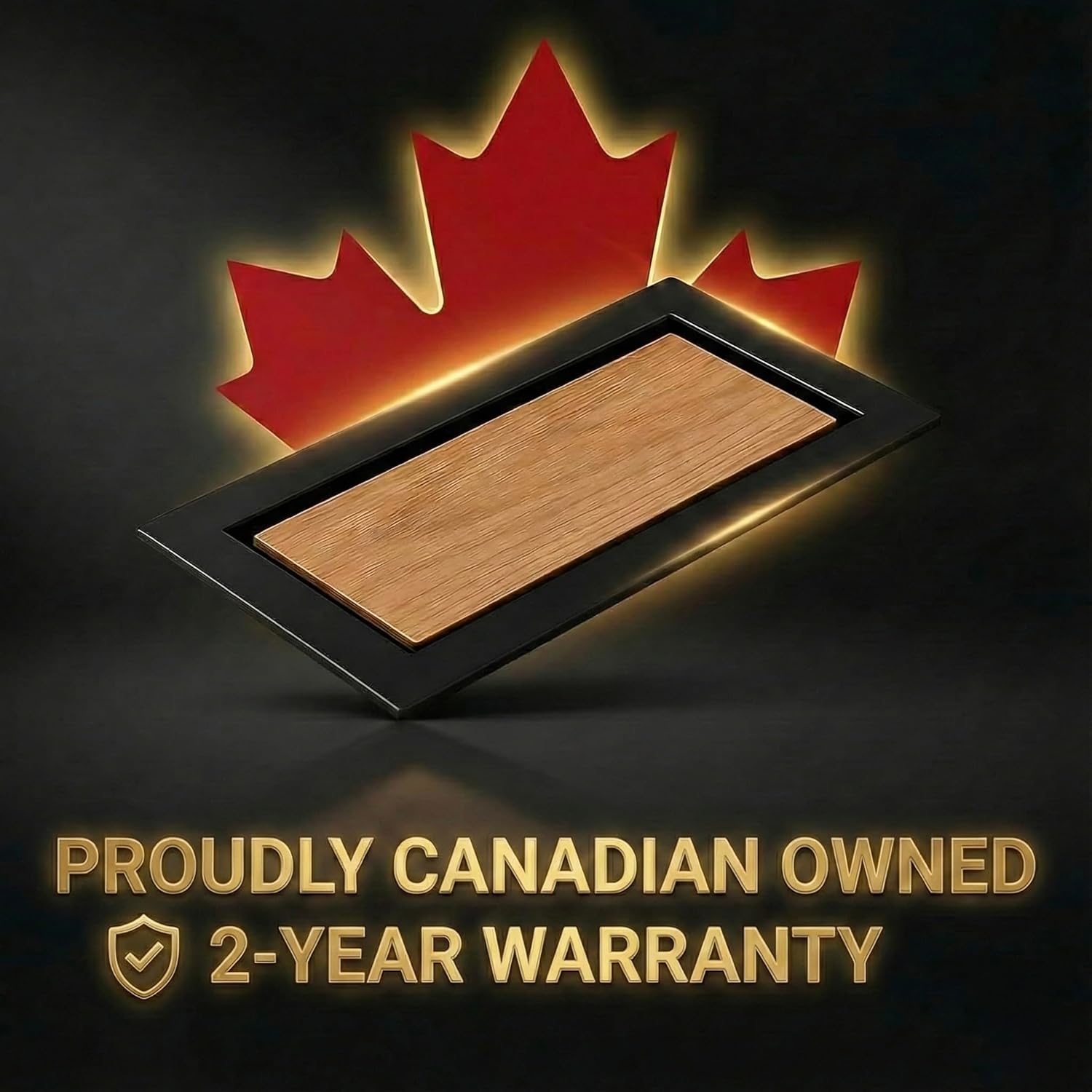 Wooden product with a red maple leaf design and text about a 2-year warranty on a dark background - khan supply co