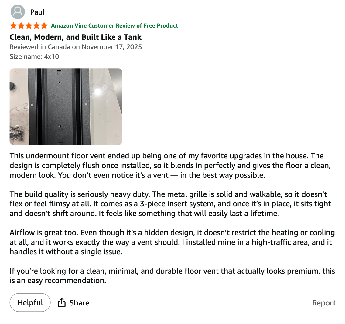 Metal Undermount Flush Floor Vent, Damper included