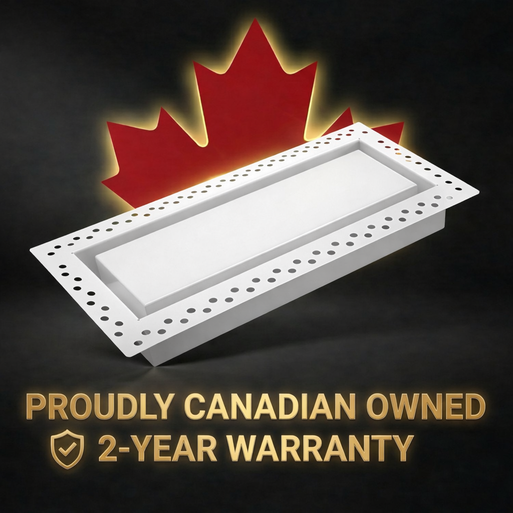 Flush wall vent with a red maple leaf and text about a 2-year warranty, set against a dark background - khan supply co
