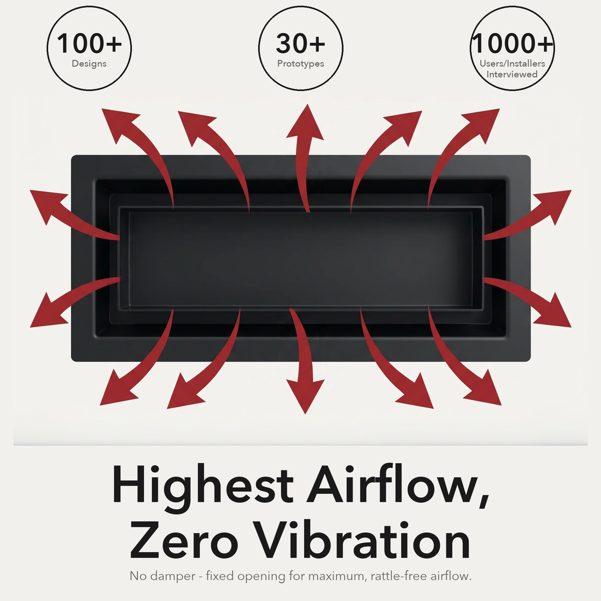 Black drop-in floor vent airflow diagram — highest airflow, zero vibration, no damper — Khan Supply CO
