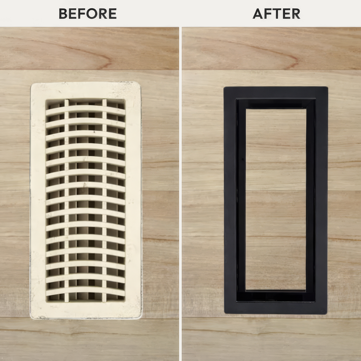 Before and after: worn plastic floor register replaced with a black metal drop-in vent — Khan Supply CO