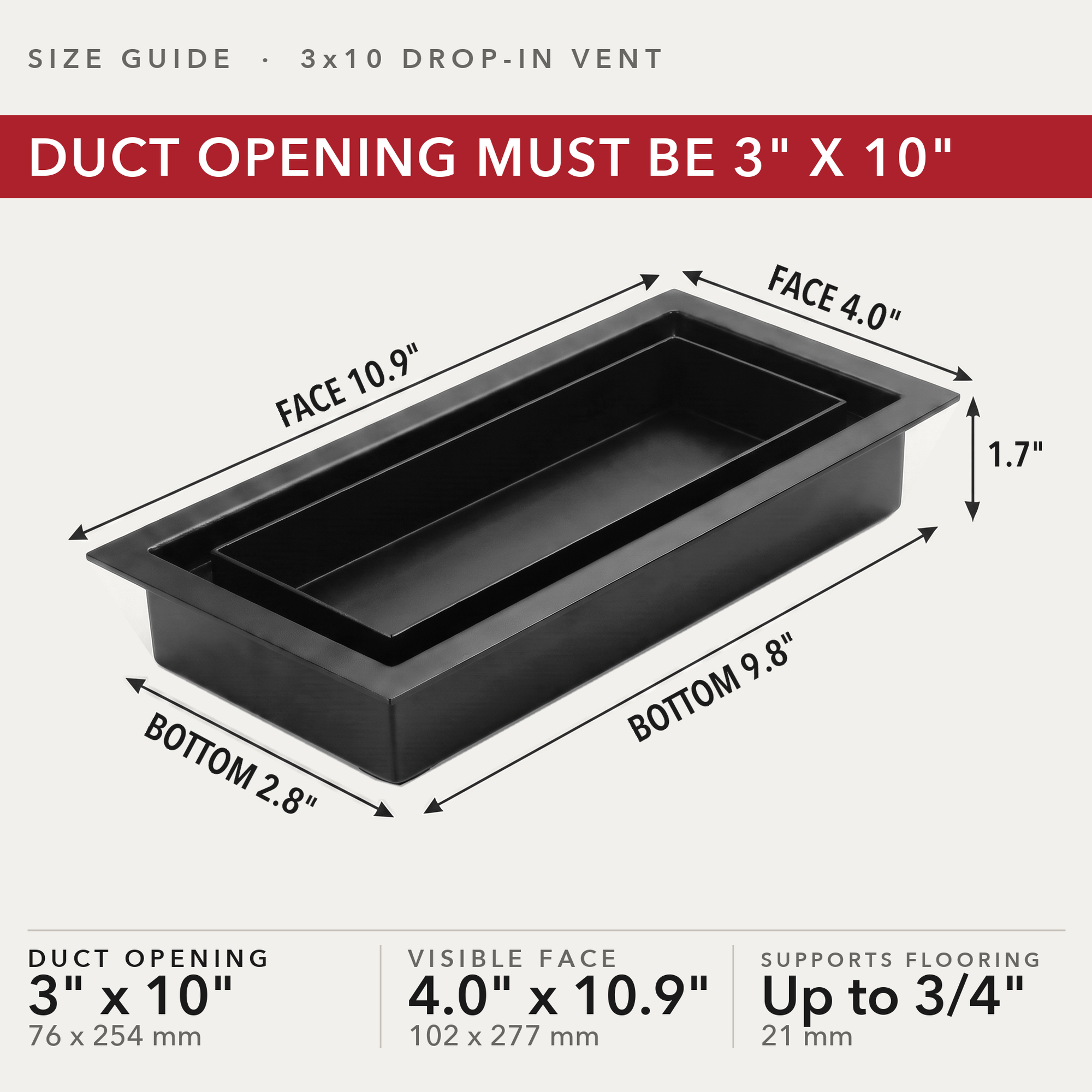Size guide: 3x10 black drop-in vent — measure your duct opening — Khan Supply CO