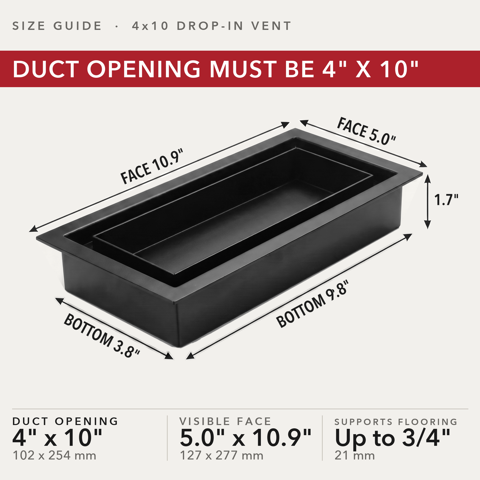 Size guide: 4x10 black drop-in vent — measure your duct opening — Khan Supply CO