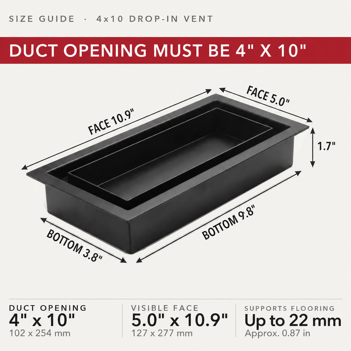 Size guide: 4x10 black drop-in vent — measure your duct opening — Khan Supply CO