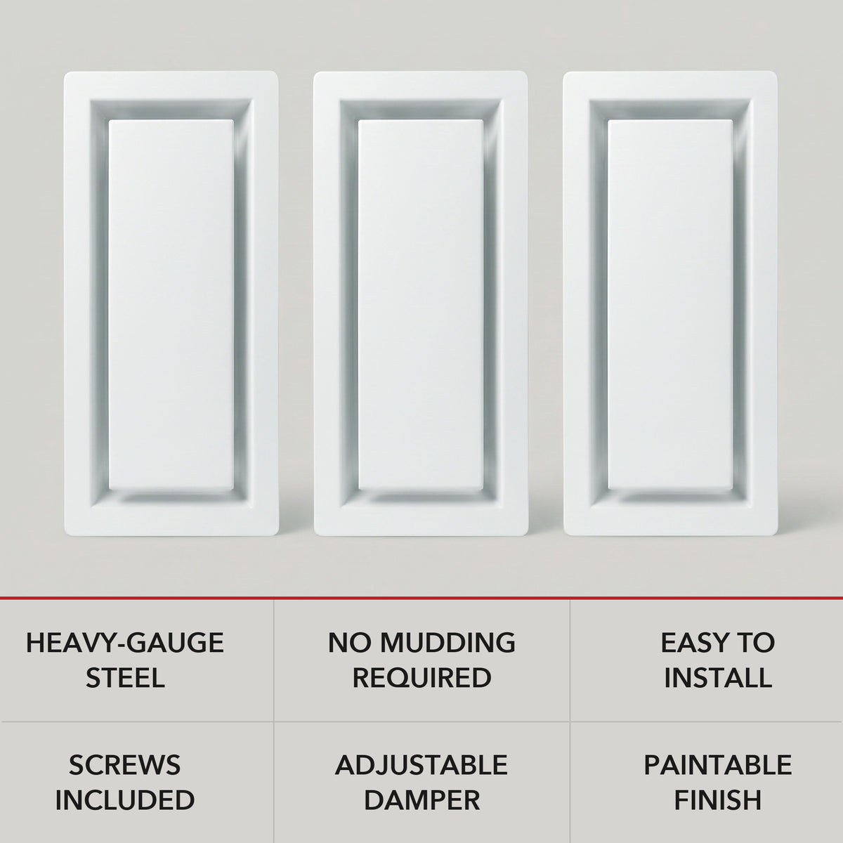 Framed wall vent features — heavy-gauge steel, adjustable damper, paintable finish, screws included — Khan Supply CO