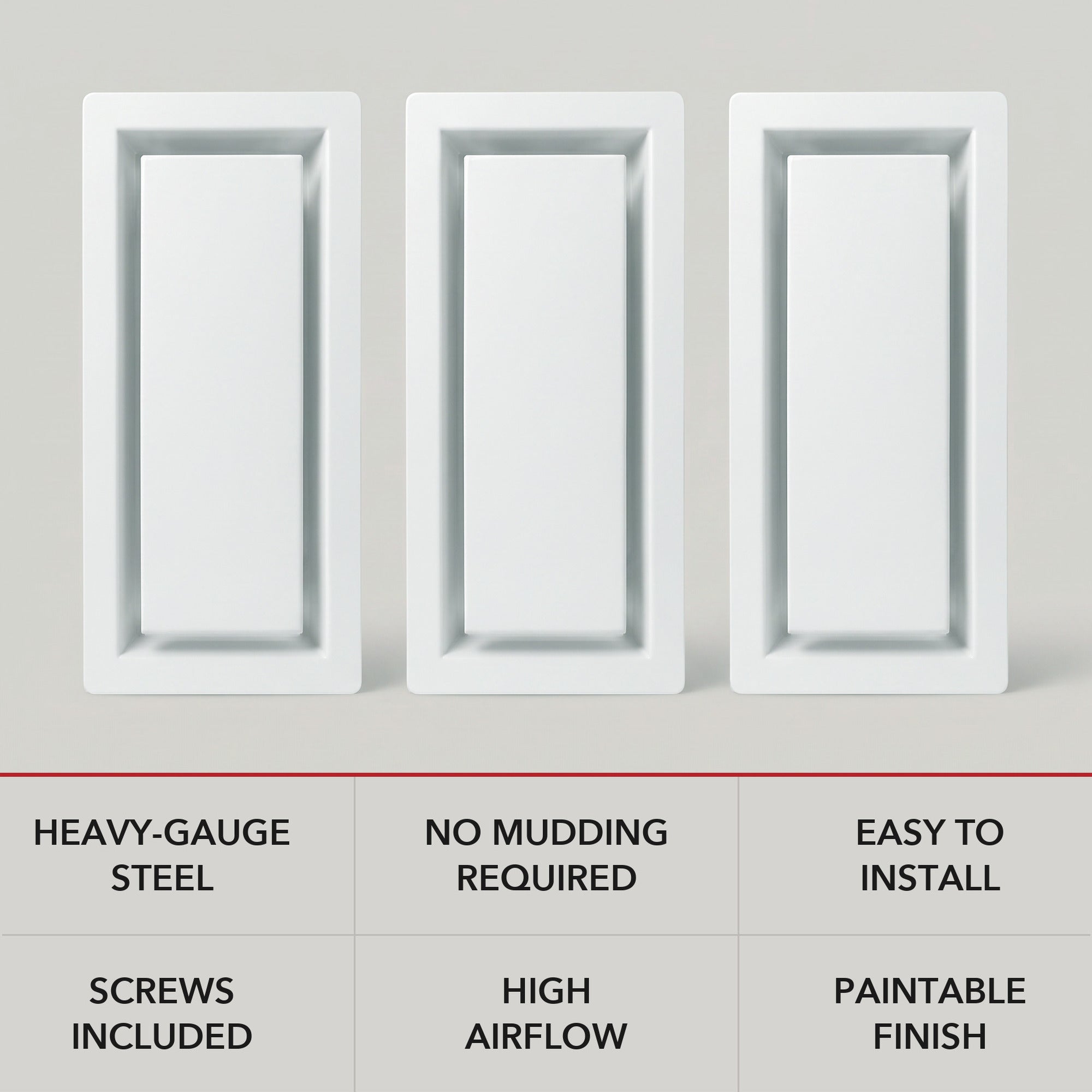 Framed return air grille features — heavy-gauge steel, high free area, paintable finish, screws included — Khan Supply CO