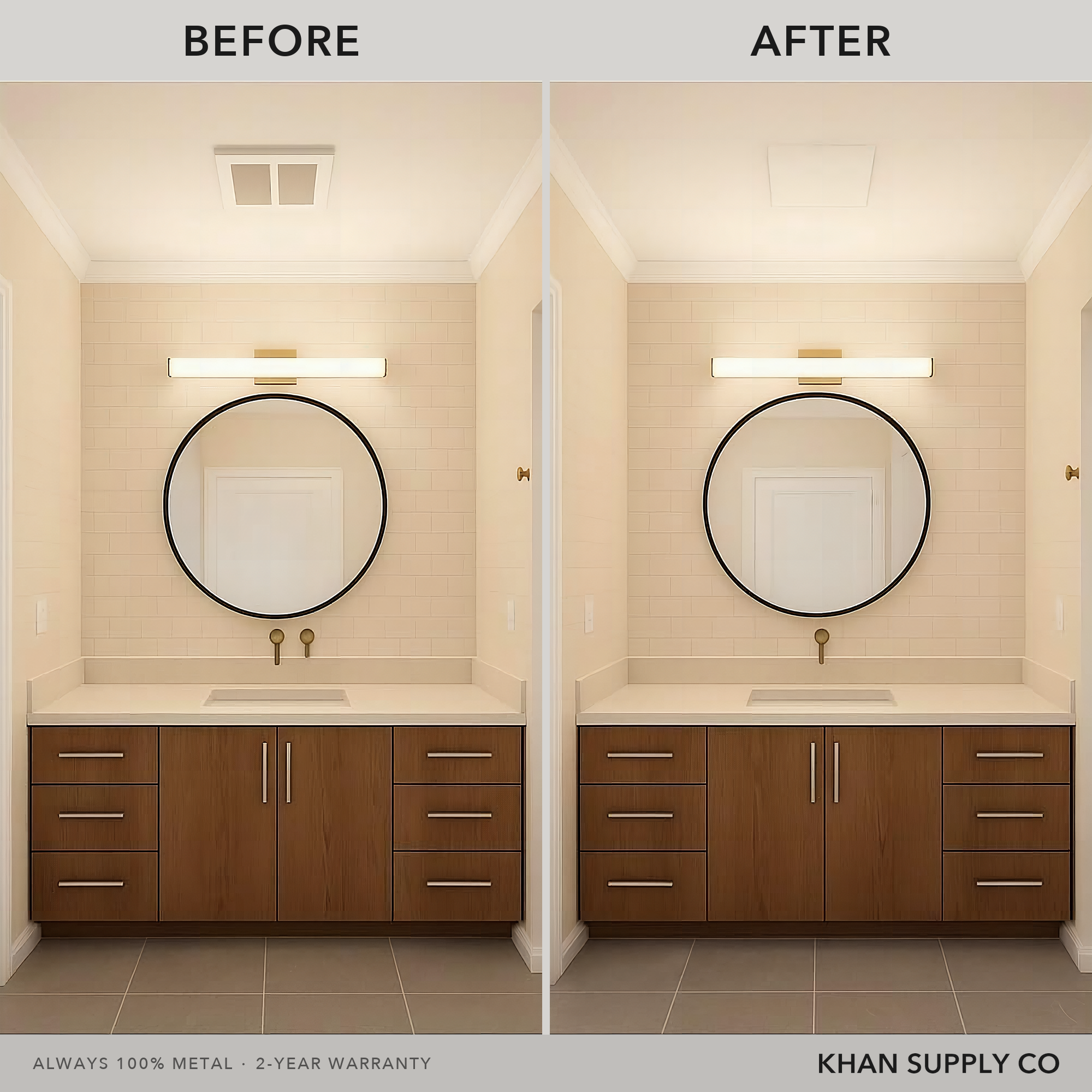 Before and after: 14x14 exhaust mount flush wall vent replacing an old grille — Khan Supply CO