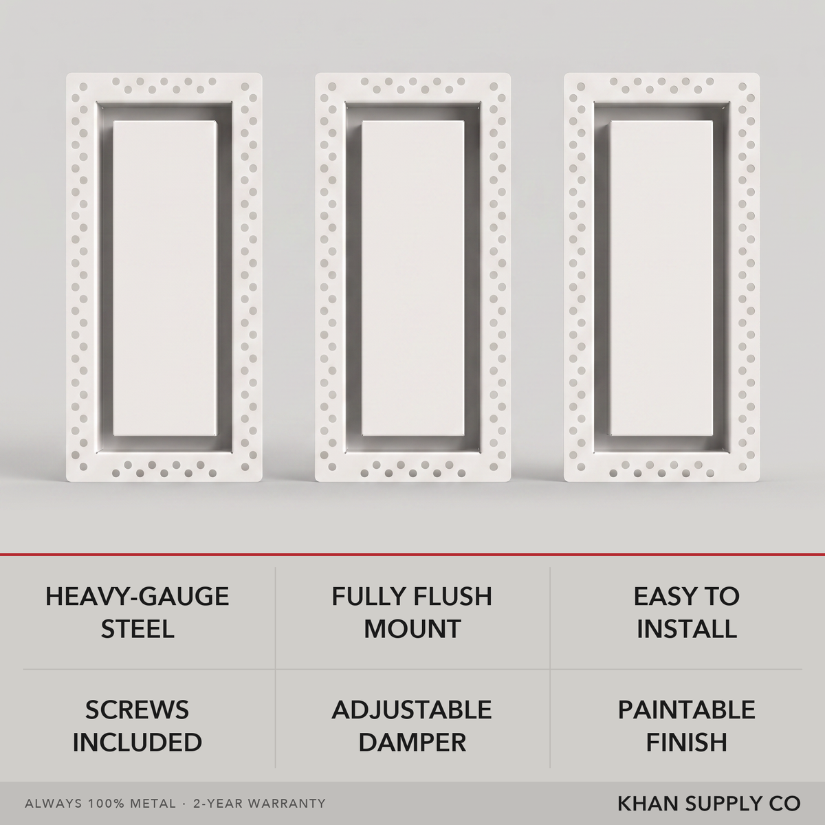 Flush wall vent features — heavy-gauge steel, fully flush mount, easy to install, screws included, adjustable damper, paintable finish — Khan Supply CO
