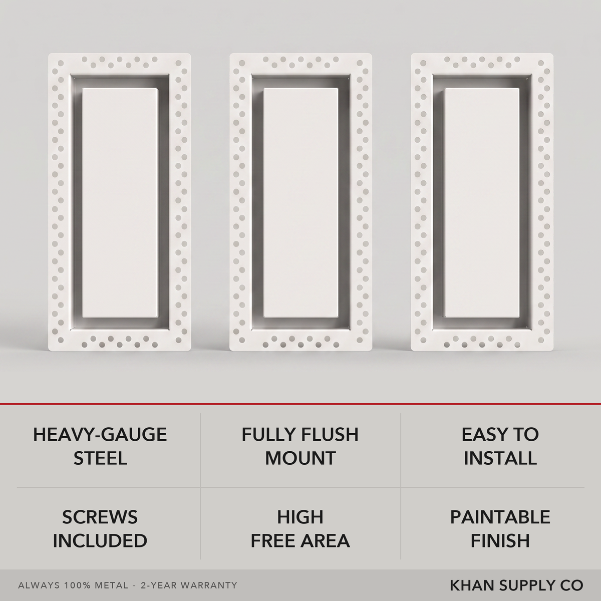 Flush wall vent features — heavy-gauge steel, fully flush mount, easy to install, screws included, high free area, paintable finish — Khan Supply CO