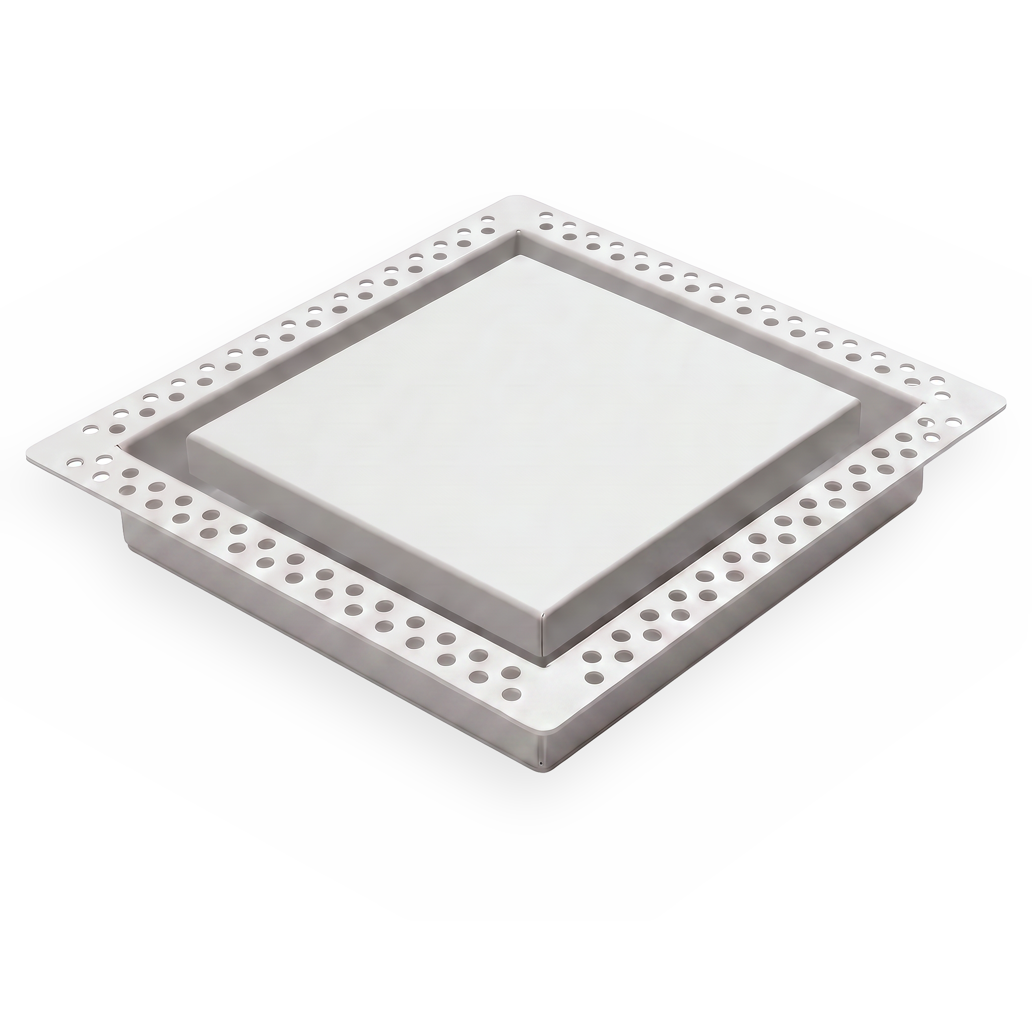 White 10x10 flush wall vent with mud-in perforated flange, shown at an angle — Khan Supply CO