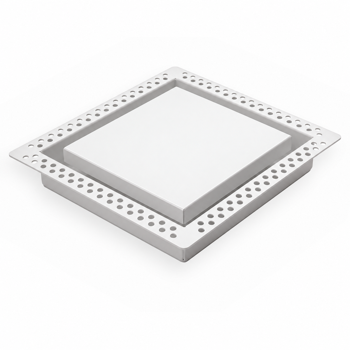 White 10x10 flush wall vent with mud-in perforated flange, shown at an angle — Khan Supply CO