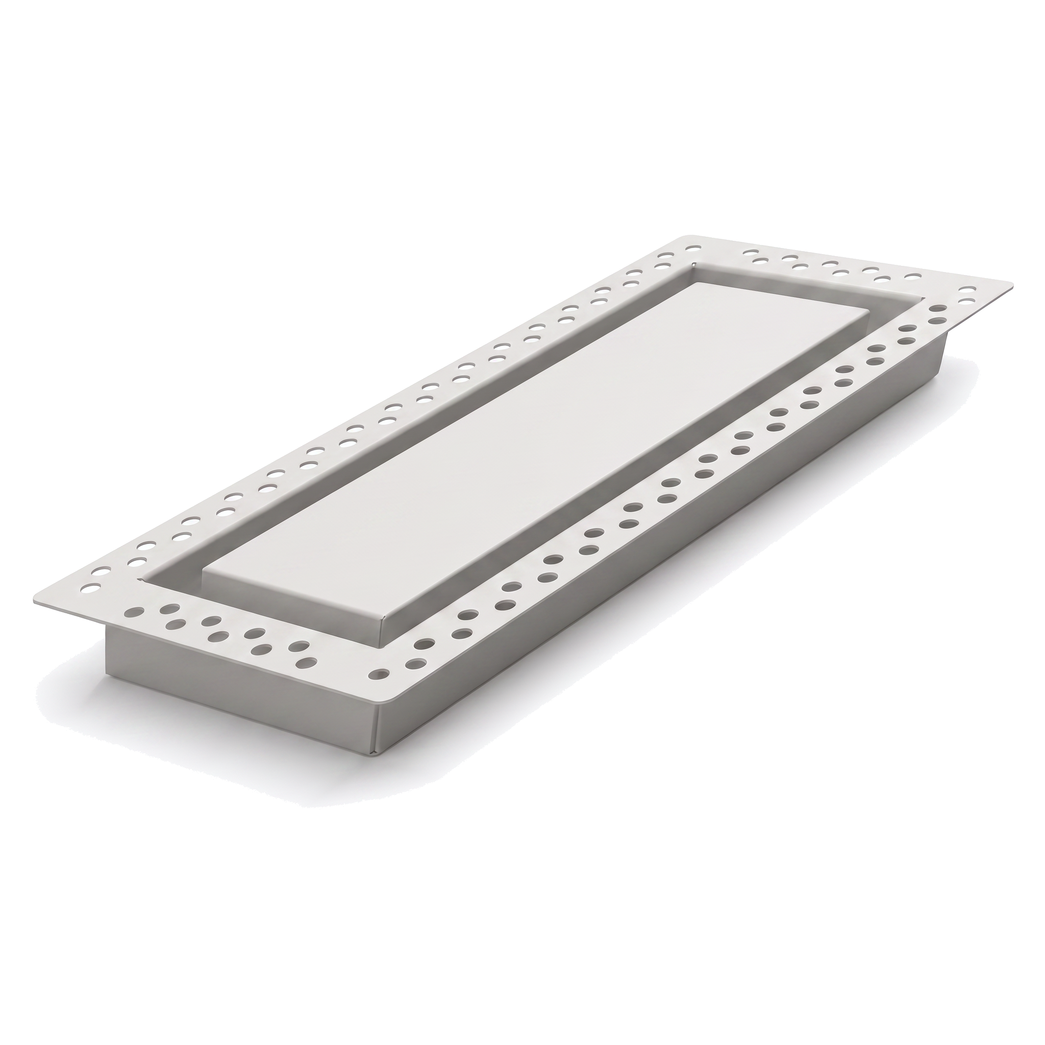 White 10x30.25 flush wall vent with mud-in perforated flange, shown at an angle — Khan Supply CO