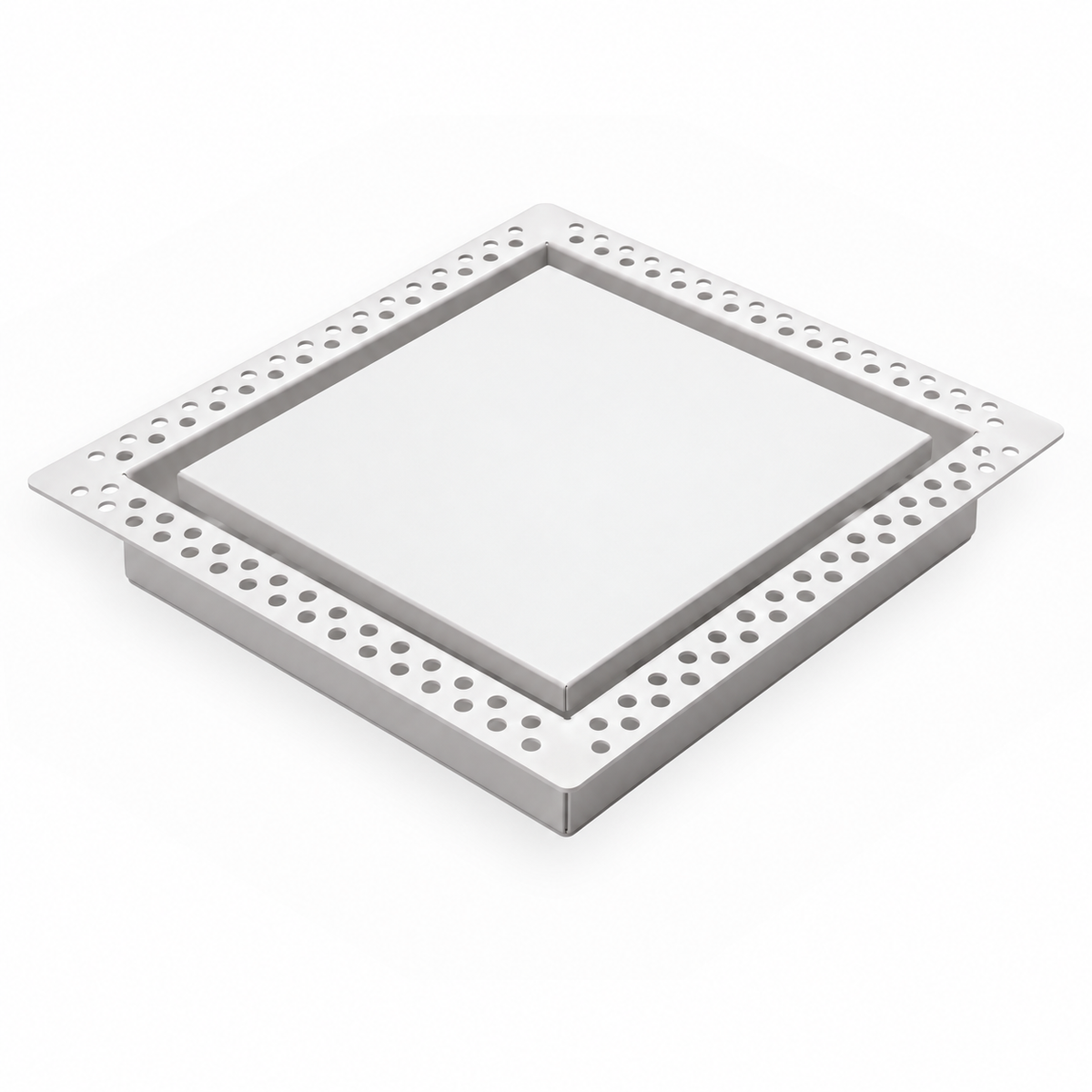 14x14 exhaust mount flush wall vent with white powder-coated face and perforated mud-in flange, shown at an angle — Khan Supply CO