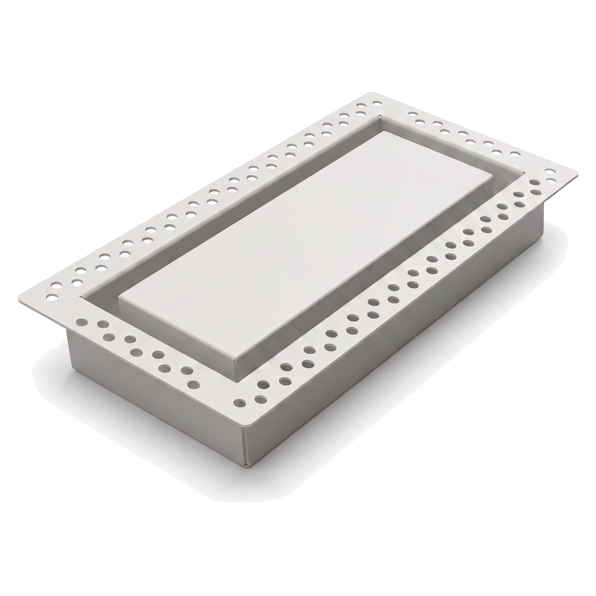 White 4x8 flush wall vent with mud-in perforated flange, shown at an angle — Khan Supply CO