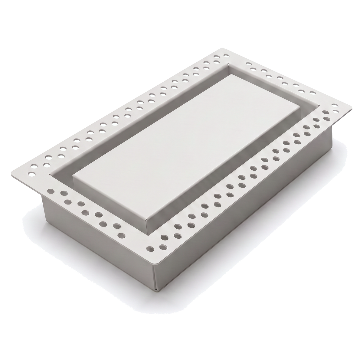 White 6x10 flush wall vent with mud-in perforated flange, shown at an angle — Khan Supply CO