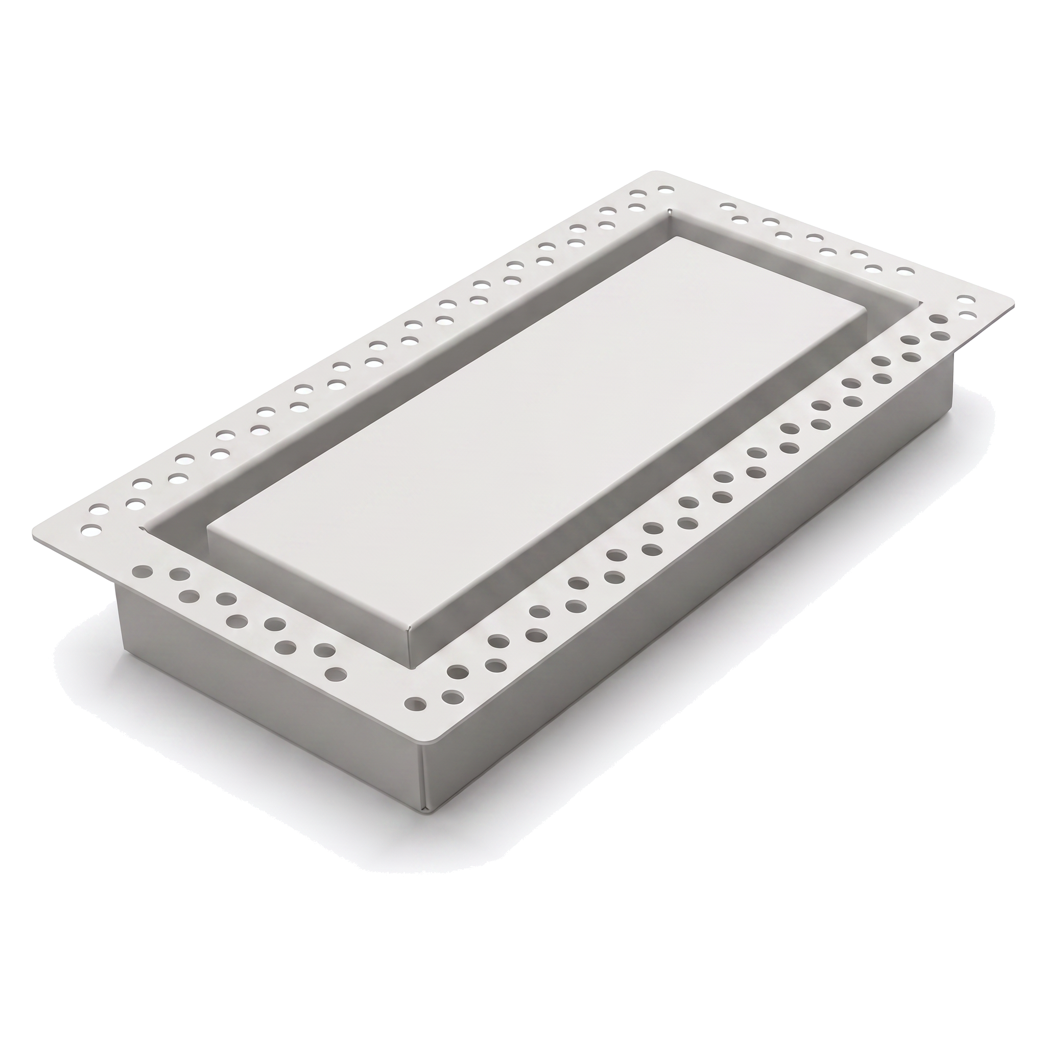 White 6x12 flush wall vent with mud-in perforated flange, shown at an angle — Khan Supply CO
