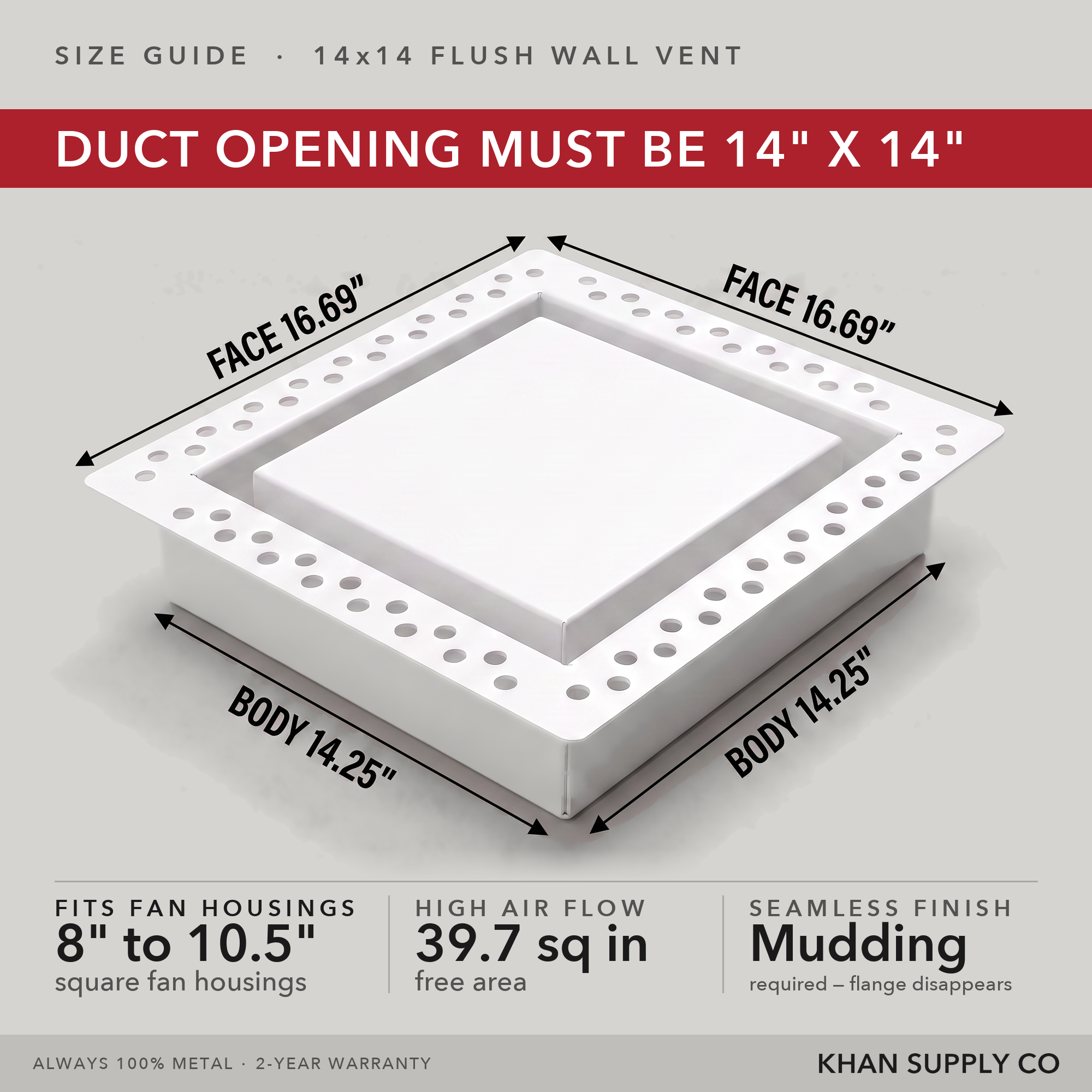 Size guide: 14x14 exhaust mount flush wall vent — mudding required so the flange disappears — Khan Supply CO