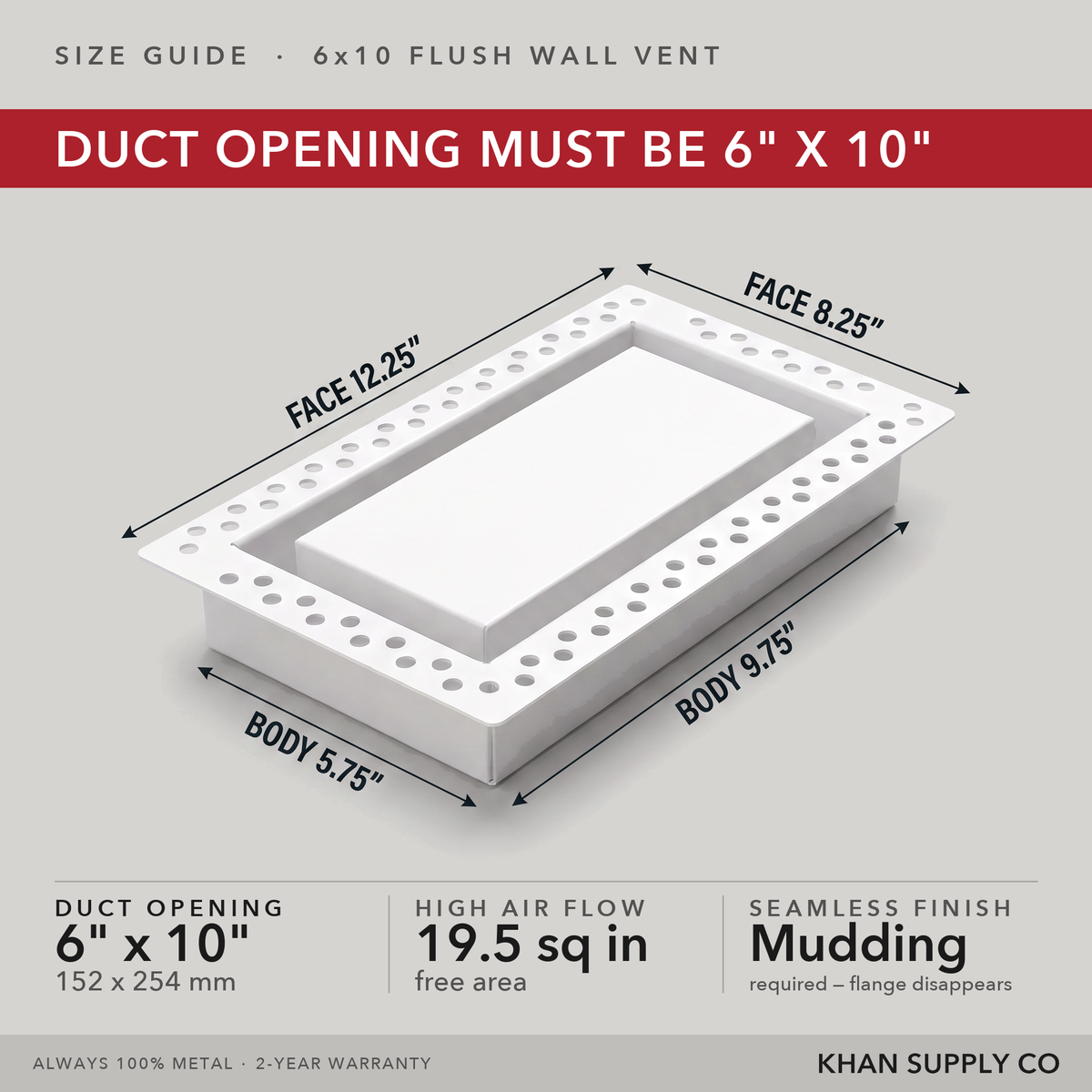 Size guide: 6x10 flush wall vent — mudding required so the flange disappears — Khan Supply CO