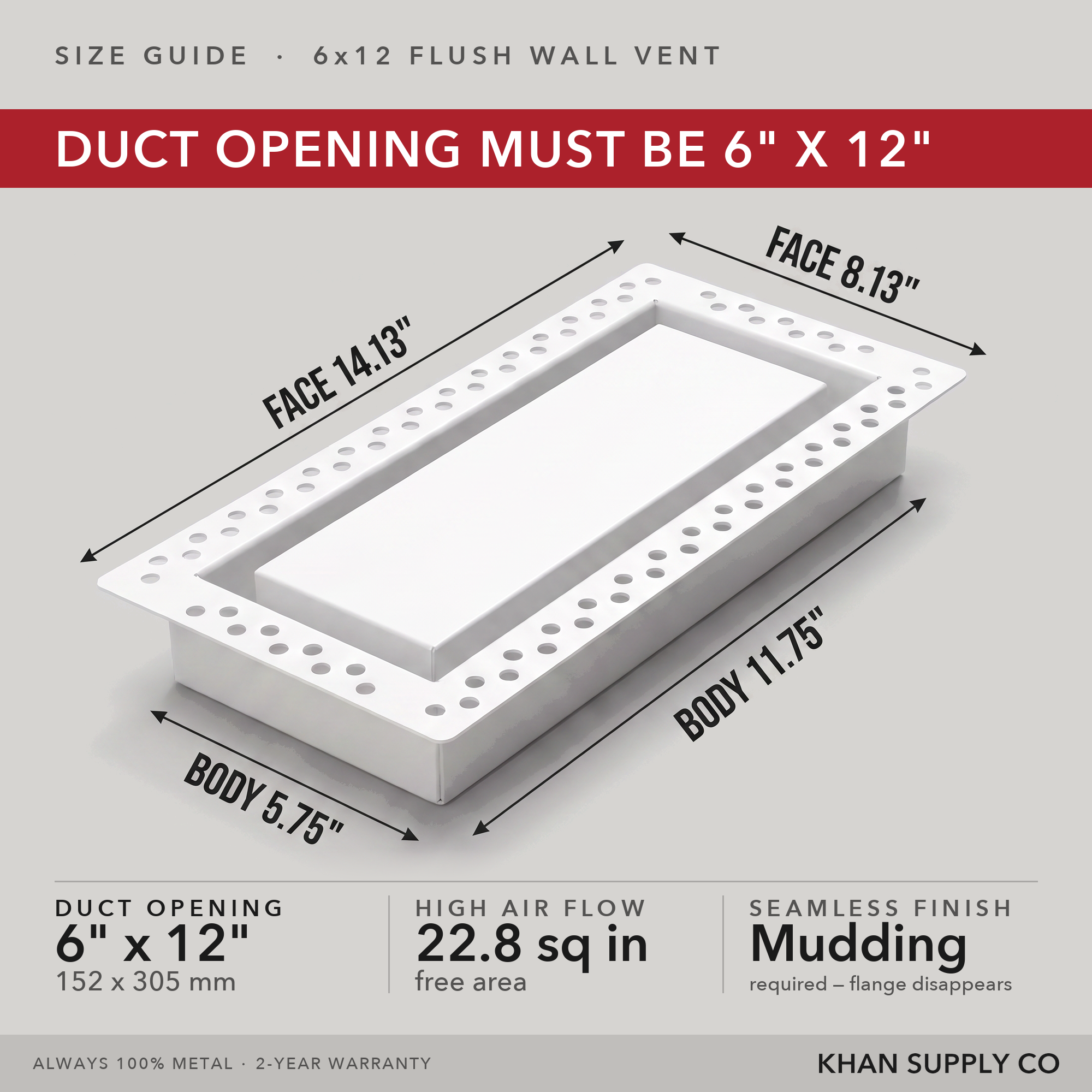 Size guide: 6x12 flush wall vent — mudding required so the flange disappears — Khan Supply CO