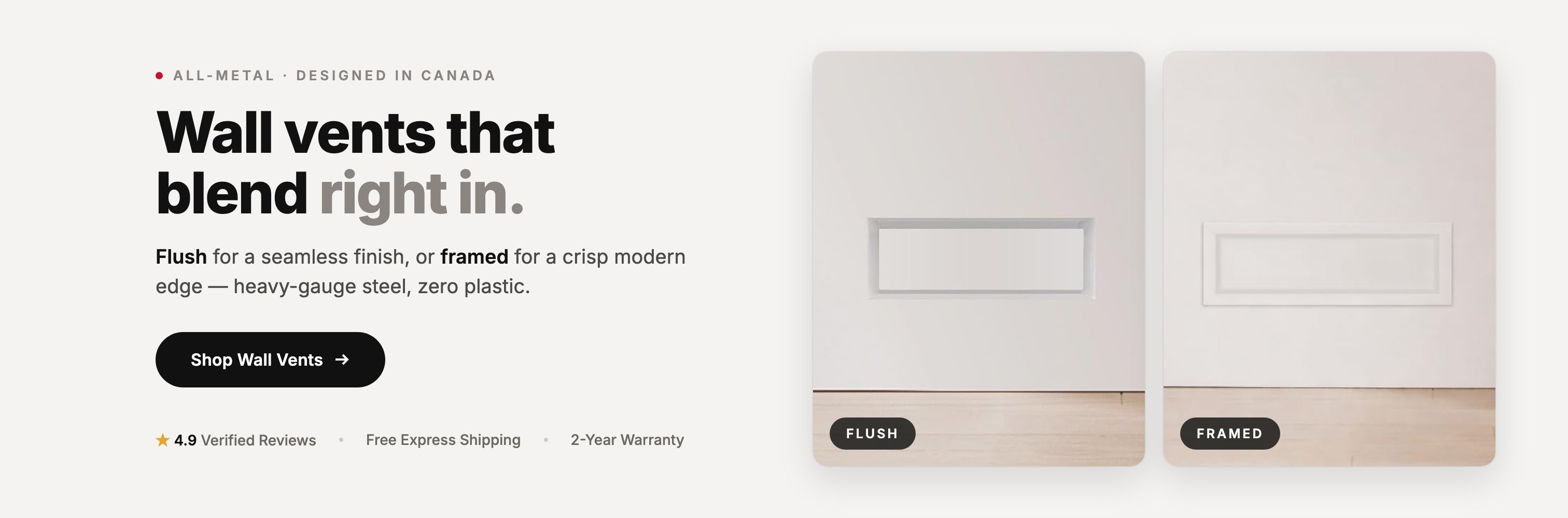 Wall vents that blend right in — flush and framed metal wall vents — Khan Supply CO