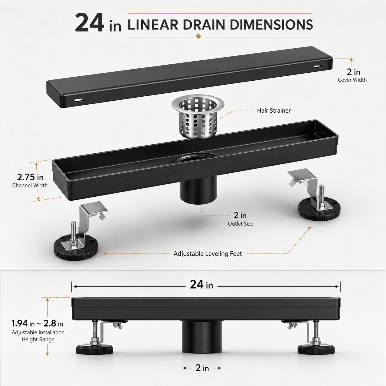 24-inch linear shower drain size guide — Khan Supply CO