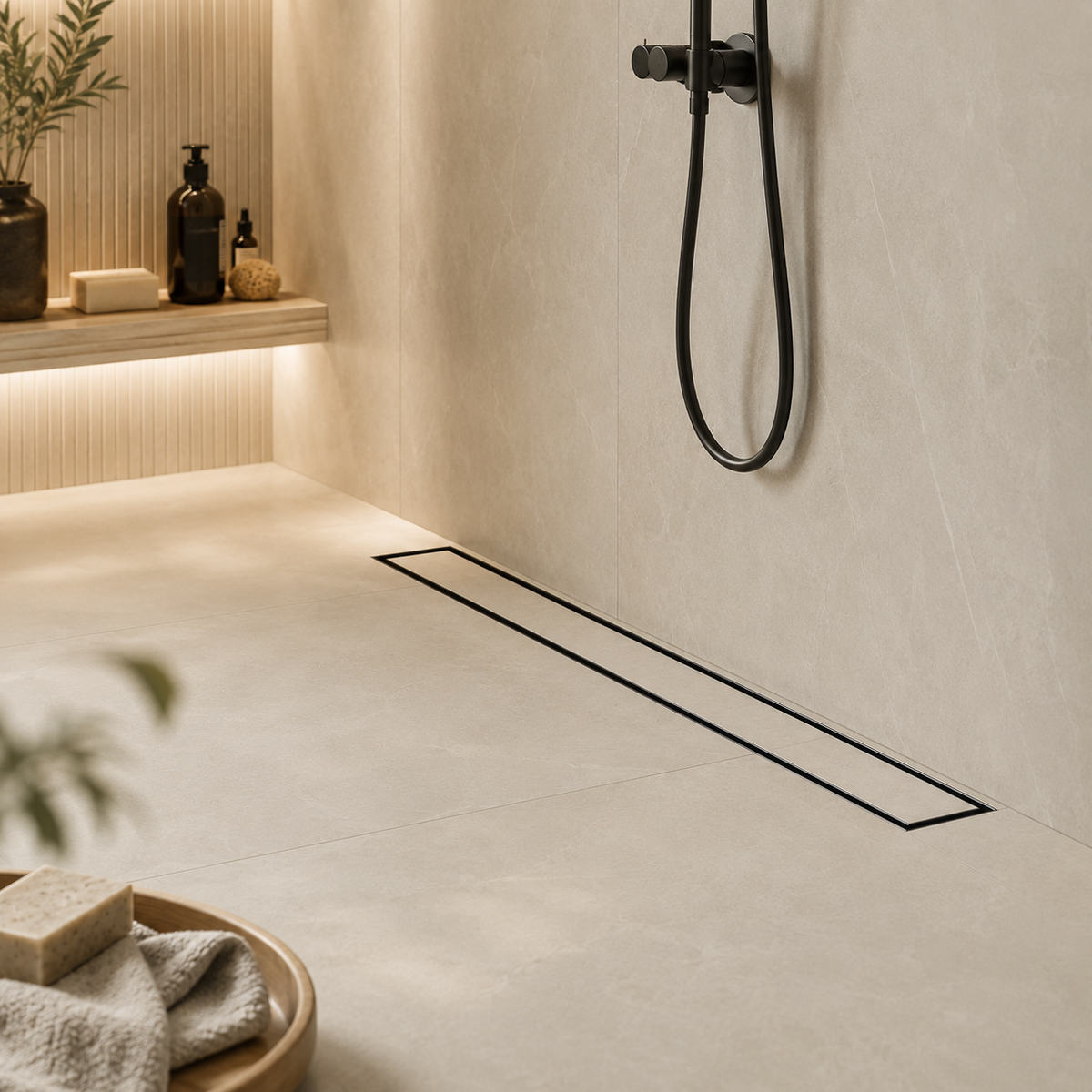 24-inch linear shower drain installed with tileable insert cover — Khan Supply CO