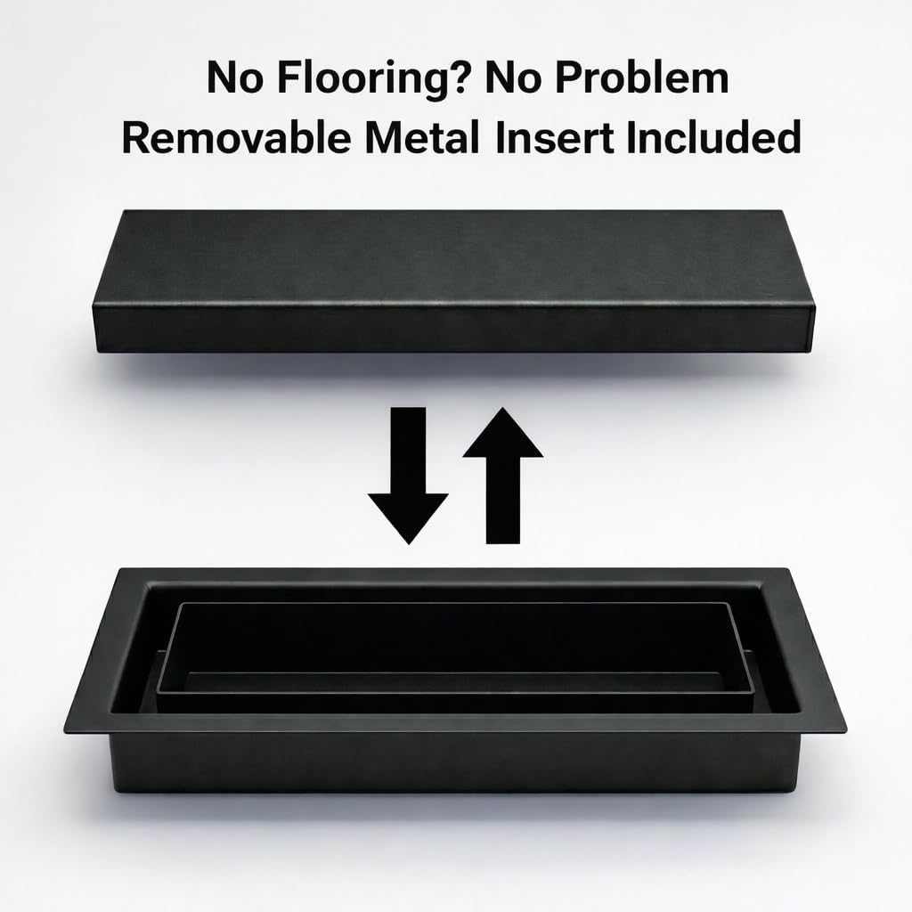 Image of drop in floor vent and an included matching black flooring insert - khan supply co