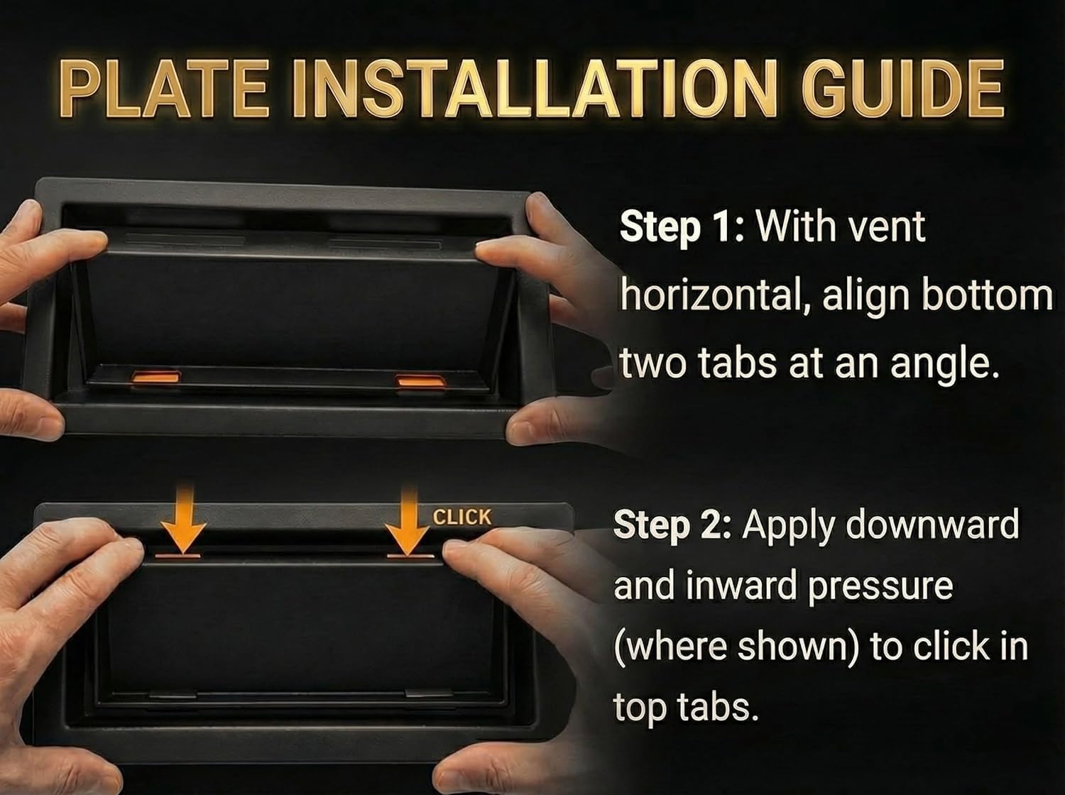 plate installation instructions - drop in flush vent - line up bottom two then click in the top - Khan Supply CO