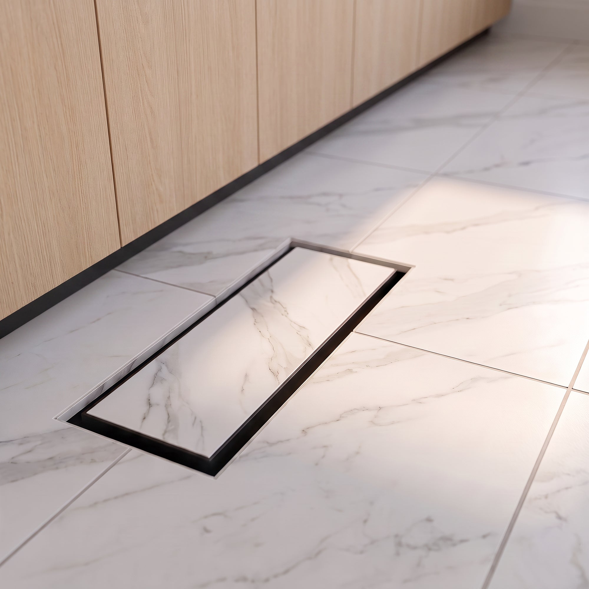 Undermount flush floor vent installed in marble-look tile — Khan Supply CO