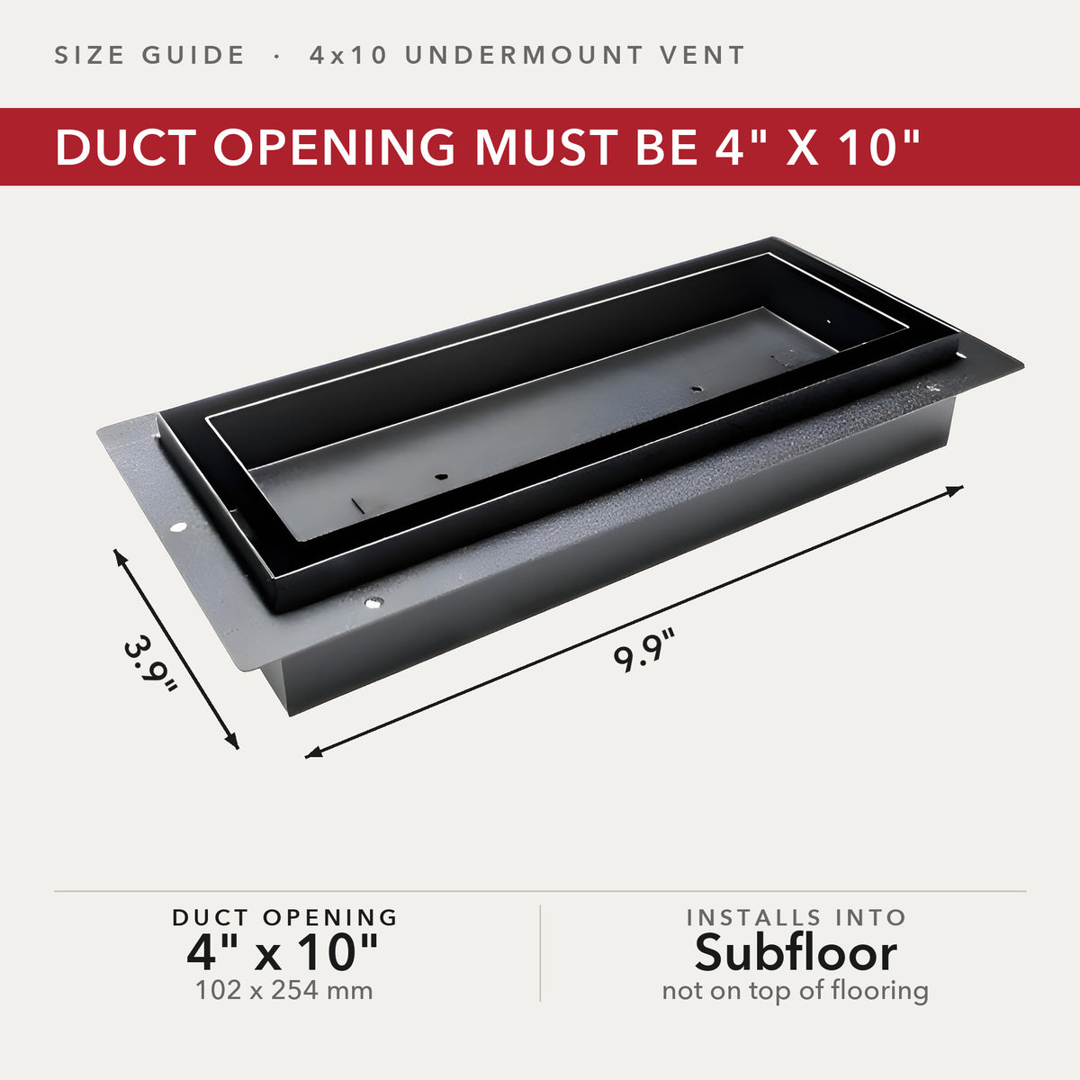 Size guide: 4x10 undermount flush floor vent — measure your duct opening — Khan Supply CO