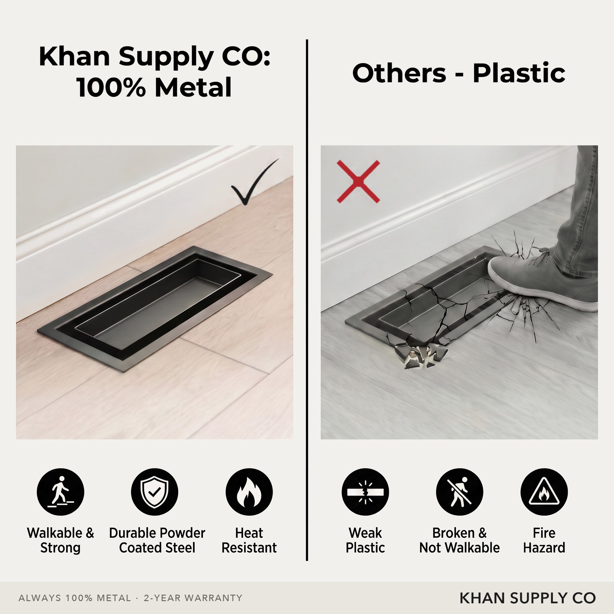 Khan Supply CO 100% metal vent versus a cracked plastic register — walkable, heat resistant, no fire hazard