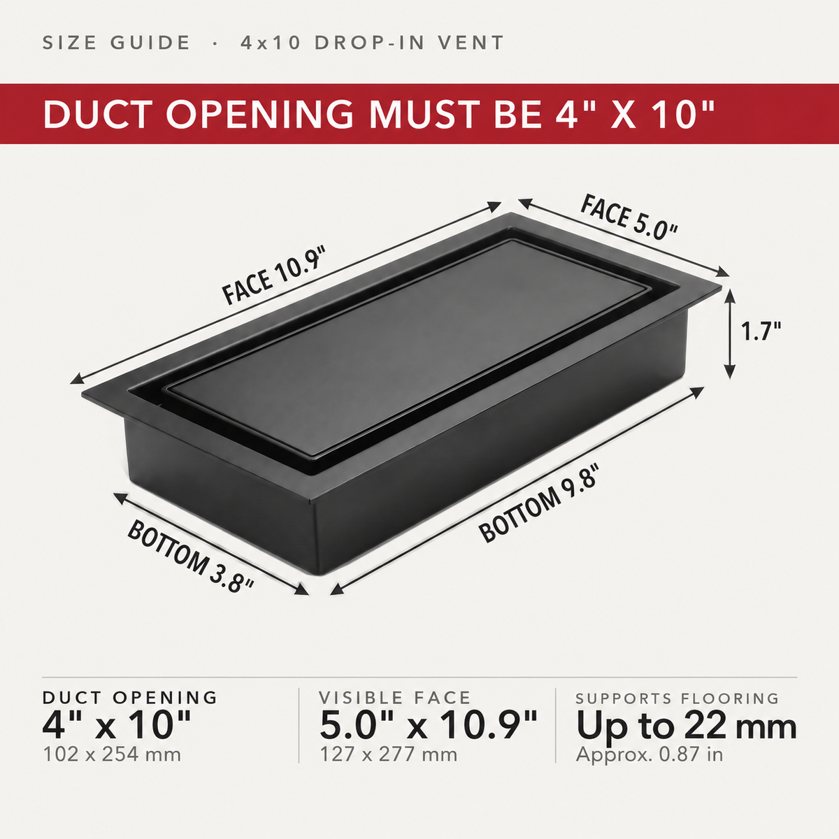 Size guide: 4x10 upgraded 2-in-1 drop-in vent — duct opening must be 4 by 10 inches, visible face 5.0 by 10.9 inches — Khan Supply CO