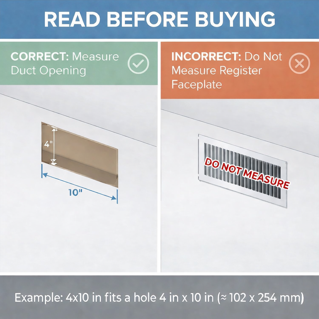 Flush wall vent - Instructional diagram showing correct and incorrect methods to measure duct opening with text 'Read Before Buying' - khan supply co