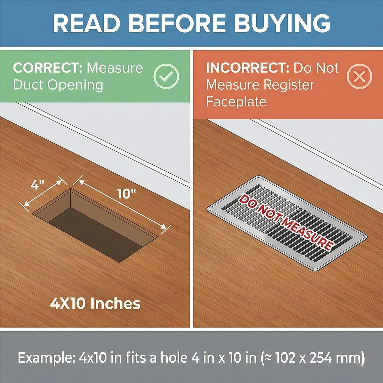 Floor vent measurement guide: measure the duct opening, not the existing vent — Khan Supply CO