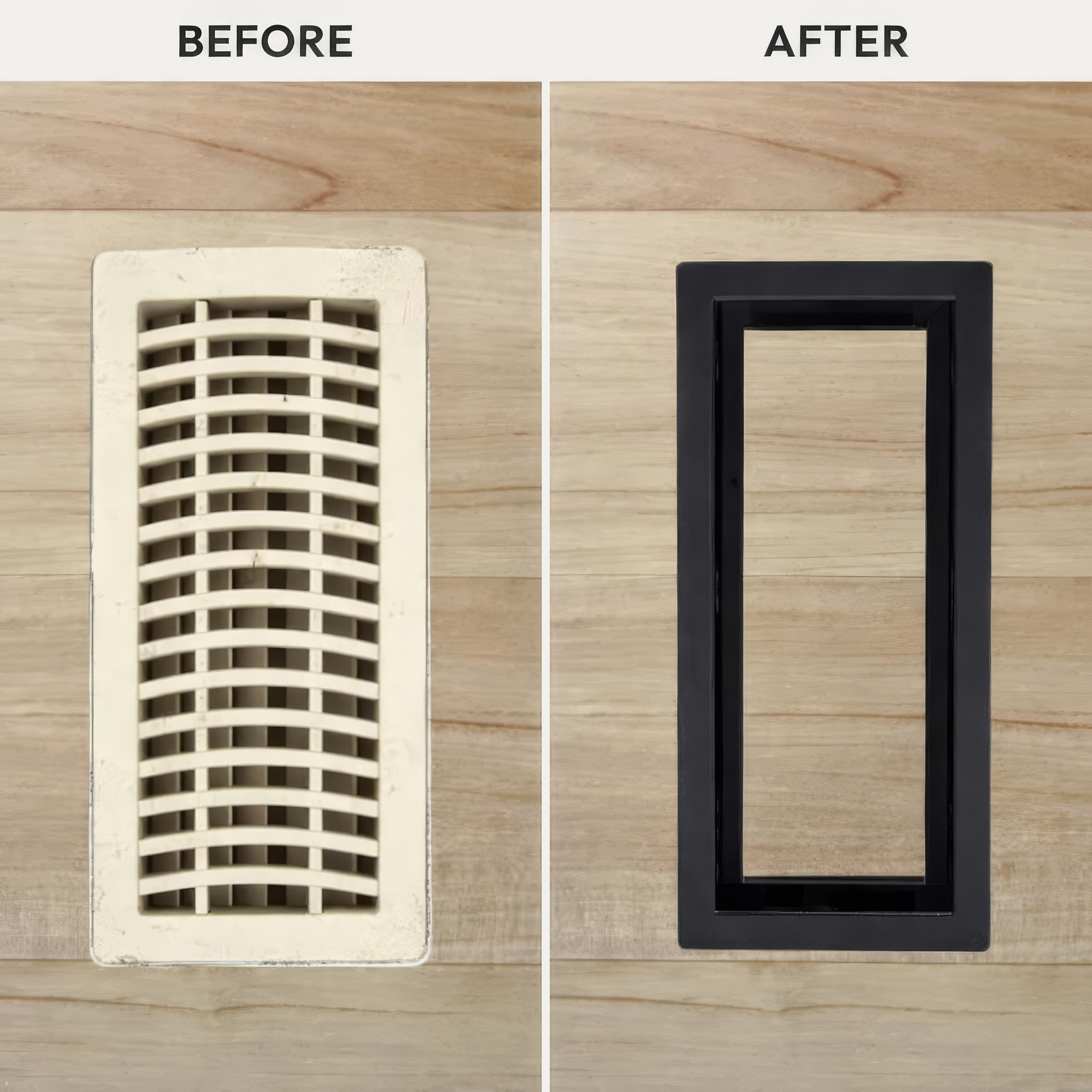 Before and after: worn plastic floor register replaced with a black metal drop-in vent — Khan Supply CO