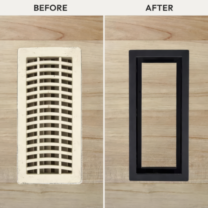 Before and after: worn plastic floor register replaced with a black metal drop-in vent — Khan Supply CO