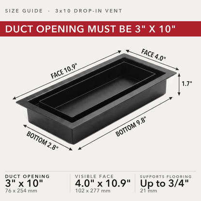 Size guide: 3x10 black drop-in vent — measure your duct opening — Khan Supply CO