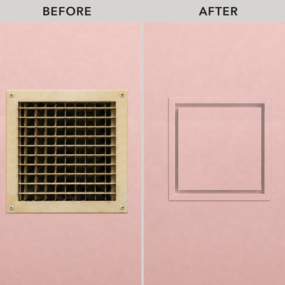 Before and after: 10x10 framed metal wall vent replacing an old grille — Khan Supply CO