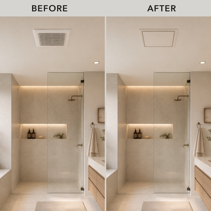 Before and after: 14x14 exhaust framed grille replacing an old ceiling grille — Khan Supply CO