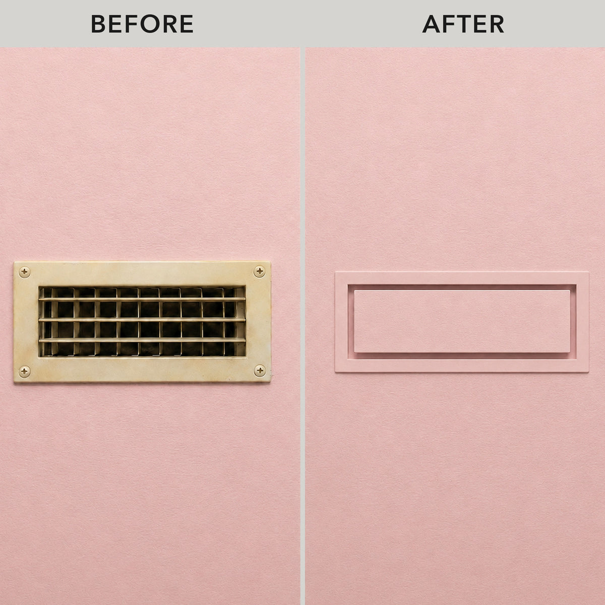 Before and after: dated louvered grille replaced with a framed metal wall vent — Khan Supply CO