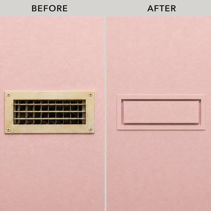 Before and after: dated louvered grille replaced with a framed metal wall vent — Khan Supply CO