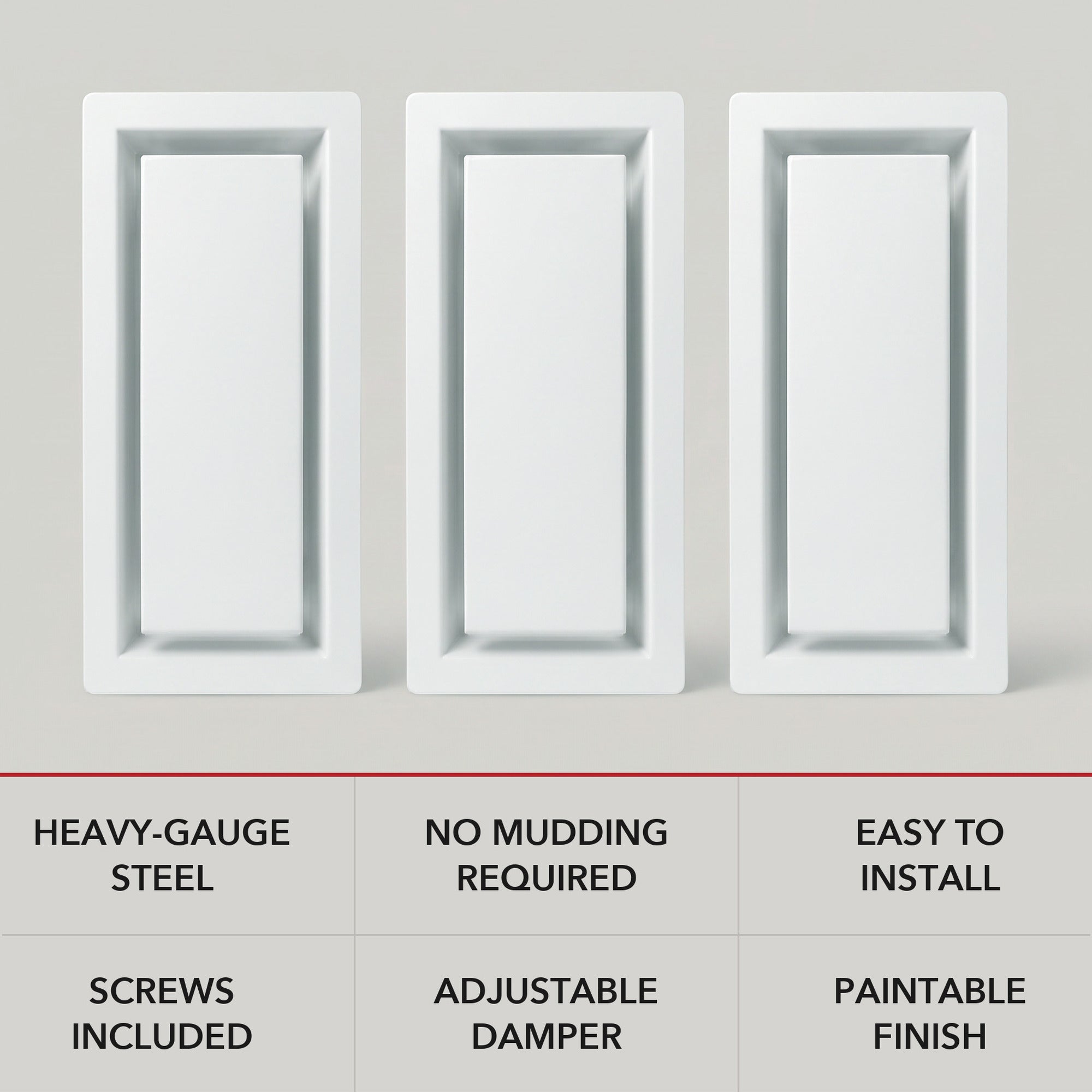 Framed wall vent features — heavy-gauge steel, adjustable damper, paintable finish, screws included — Khan Supply CO