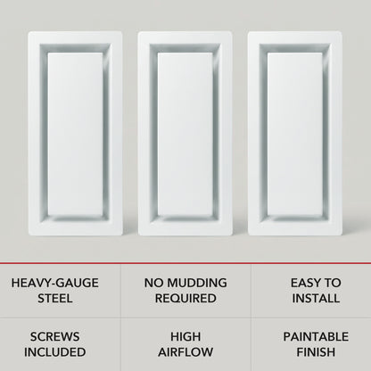 Framed return air grille features — heavy-gauge steel, high free area, paintable finish, screws included — Khan Supply CO