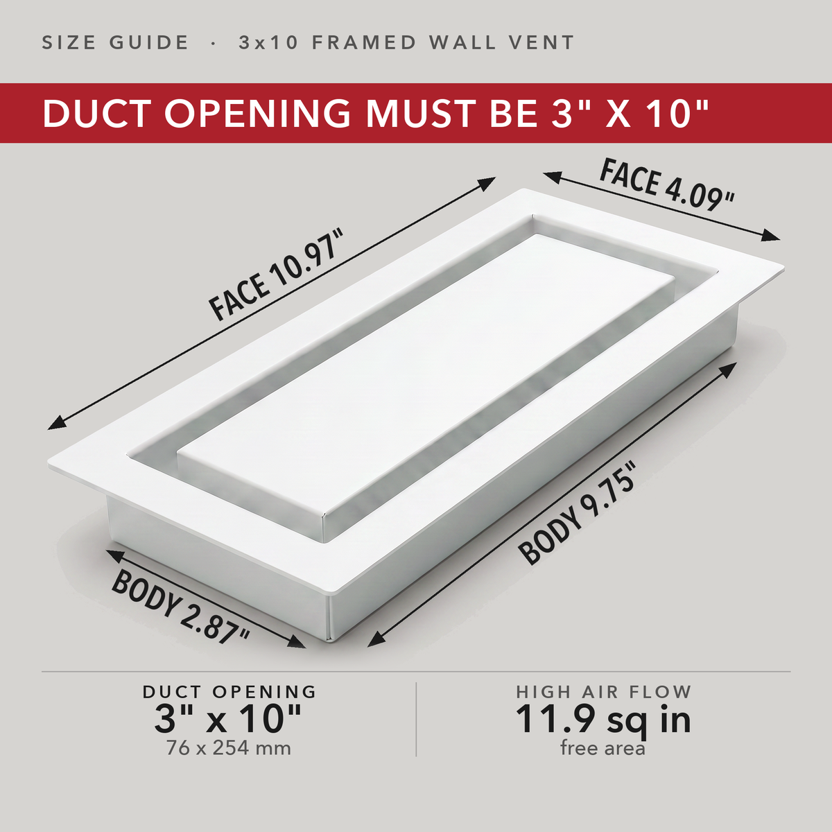 Size guide: 3x10 framed wall vent — measure your duct opening — Khan Supply CO