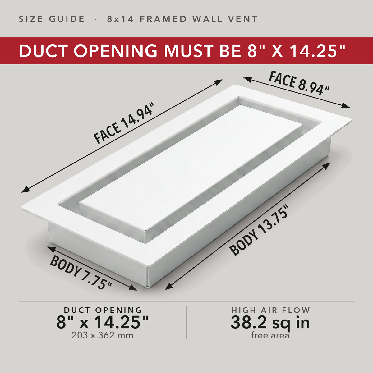 Size guide: 8x14 framed wall vent — measure your duct opening — Khan Supply CO