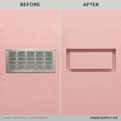 Before and after: old louvered return grille replaced with a flush mud-in wall vent — Khan Supply CO